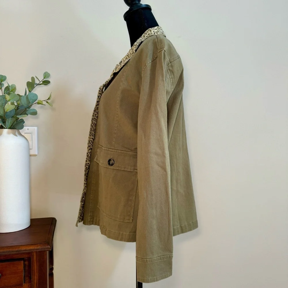 Peyton Jensen Olive Green Safari Jacket Leopard Print Trim Cotton Size Medium‎
